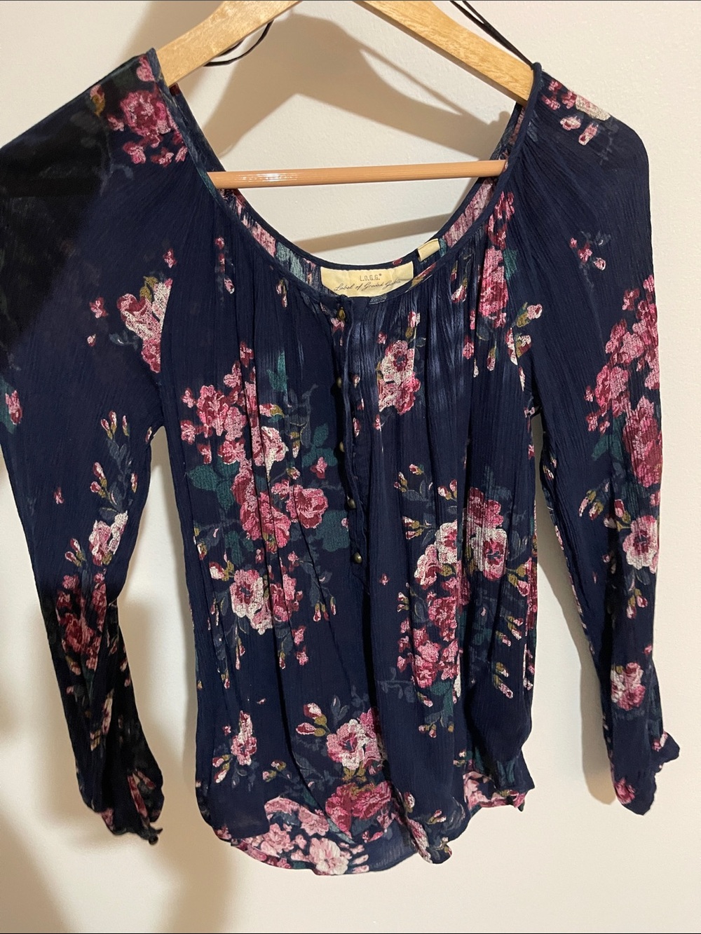 H&M Navy Floral Button-Front Peasant Blouse
